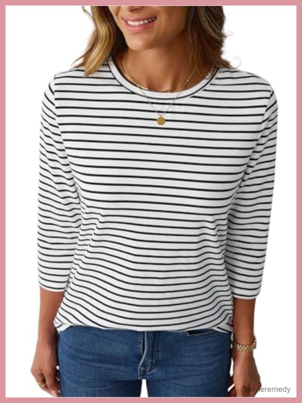 Womens 3/4 Sleeve Striped Boat Neck Top Cotton Blend T-Shirt Casual